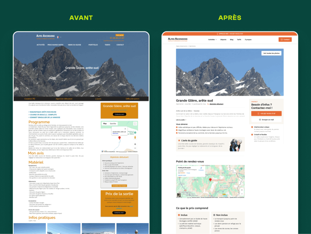 Avant/Après du site Alpes Ascensions, refonte par Topicimes