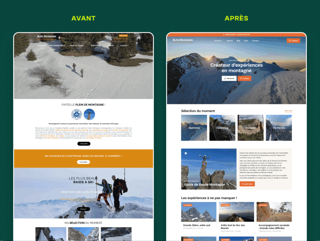 Avant/Après du site Alpes Ascensions, refonte par Topicimes