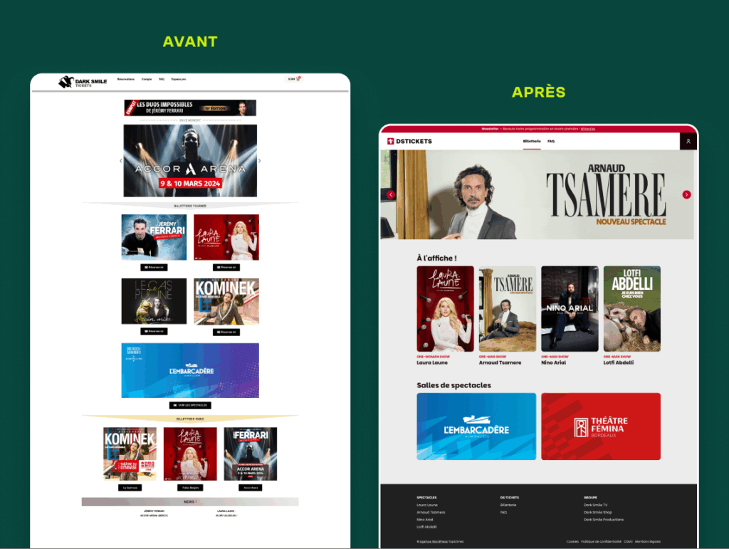 Avant / Après du la refonte du site de DS Tickets effectuée par Topicimes
