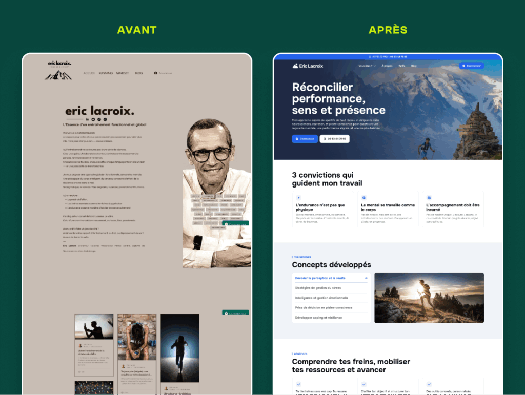 Avant / Après du la refonte du site d'Eric Lacroix effectuée par Topicimes