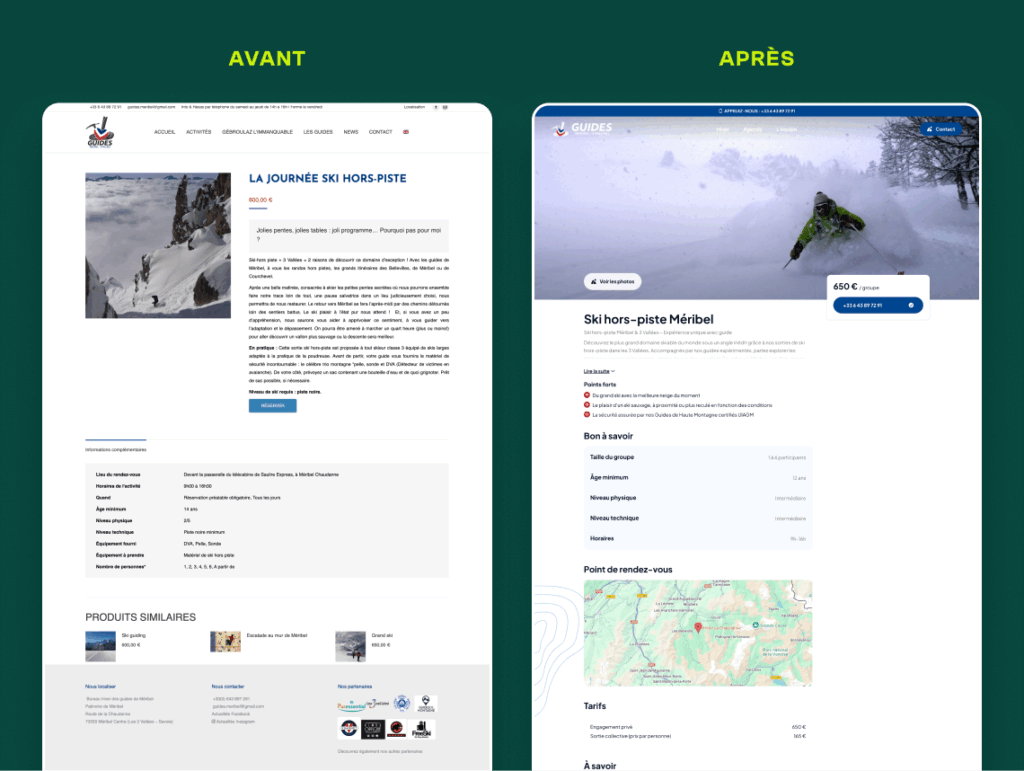 Avant/Après du site du Bureau des Guides de Méribel, refonte par Topicimes