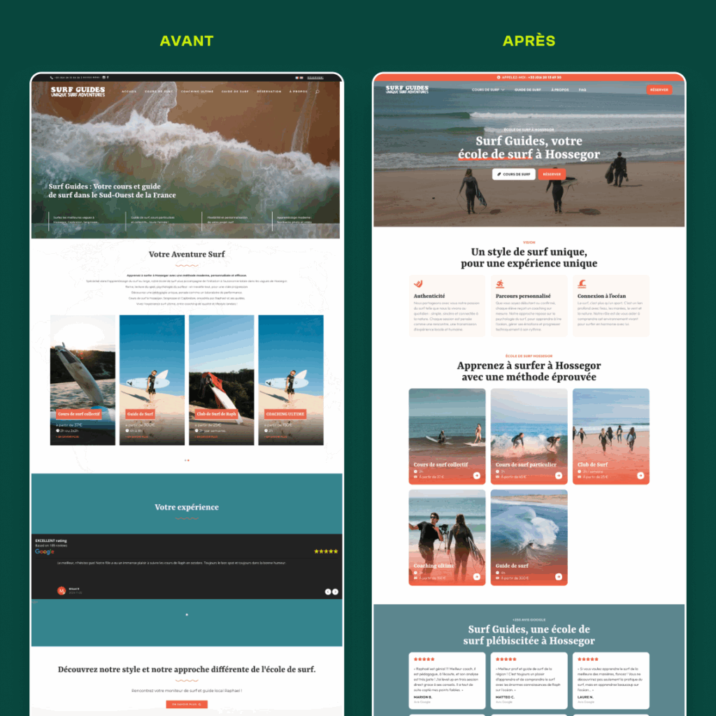 Refonte du site internet de l'Ecole de Surf "Surf Guides Hossegor" par Topicimes sous WordPress