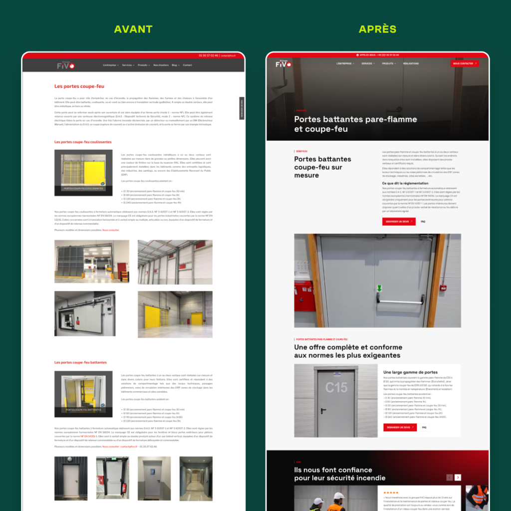Avant / Après d'une page produit type du site internet du Groupe FIVO