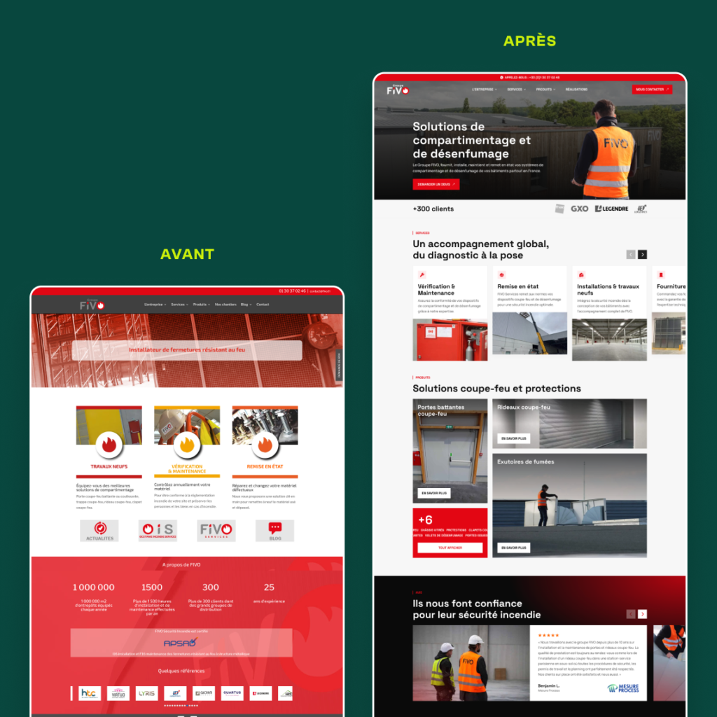Avant / Après de la page d'Accueil du site internet du Groupe FIVO avec la refonte de l'Agence Topicimes