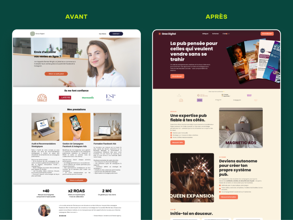 Avant / Après de la page d'accueil du site de Grow Digital, par une refonte de l'agence WordPress Topicimes